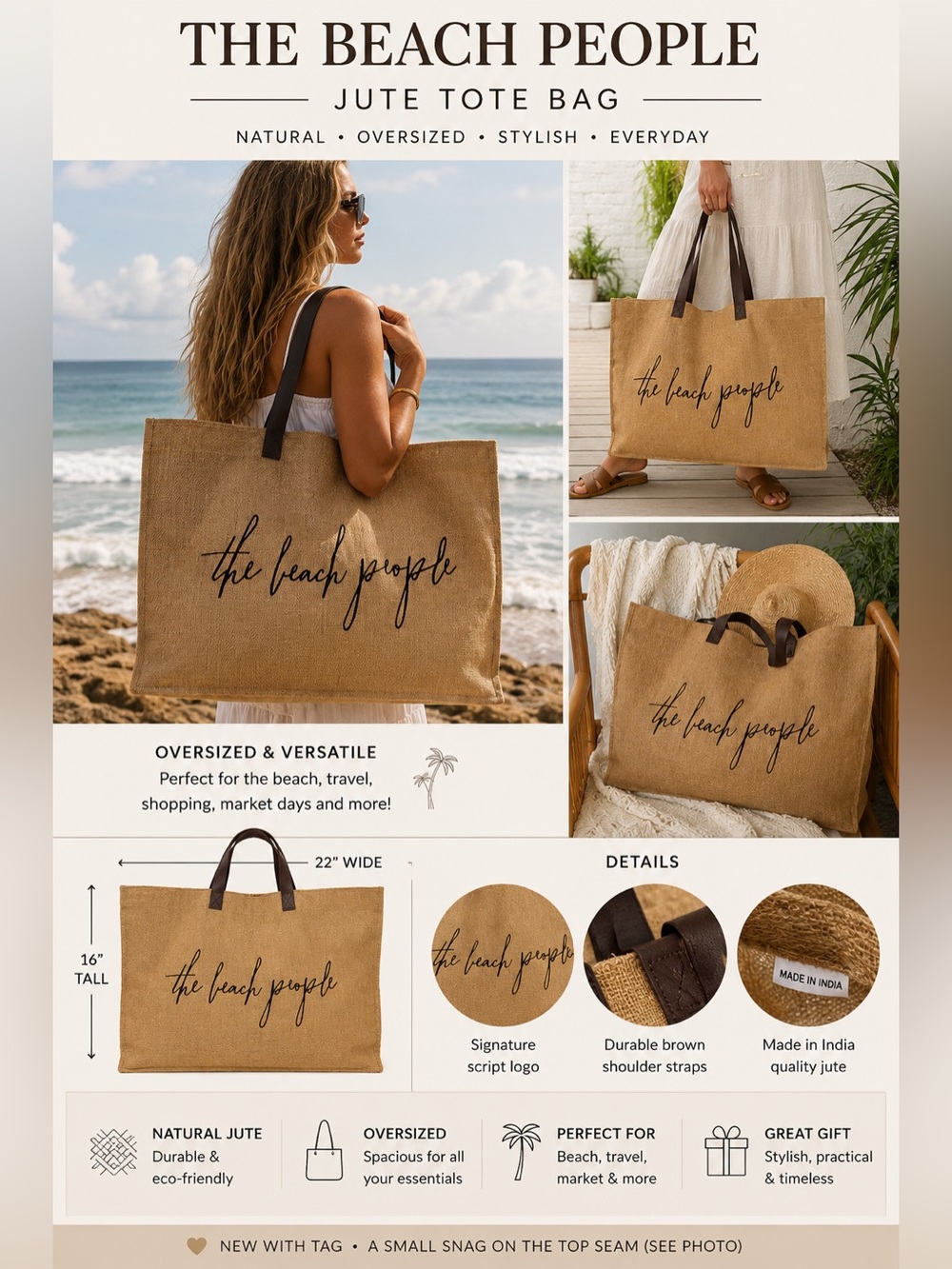 The Beach People Large Tote Bag Natural Handles Beach Market Travel 22x16 NWT
